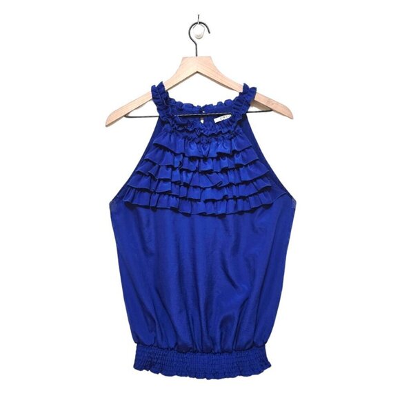 Ciel USA Blue Ruffle Halter Neck Smocked Tank Top Blouse Sz L - Picture 1 of 8